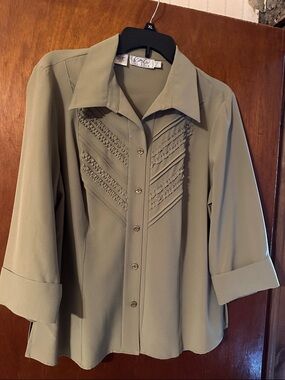 Kathy Che Olive Green Button-Front Shirt with Textured Front